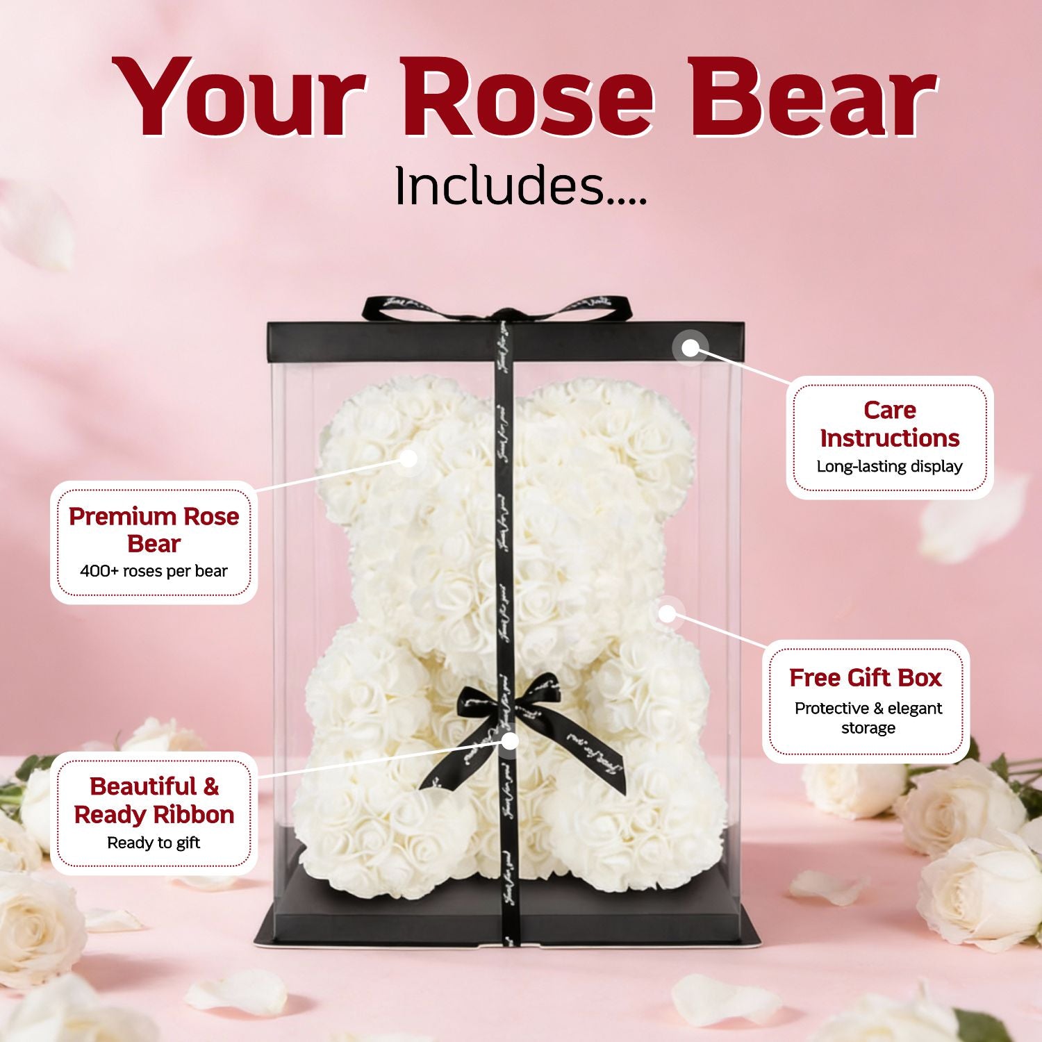 Snow White Rose Bear Large 40cm