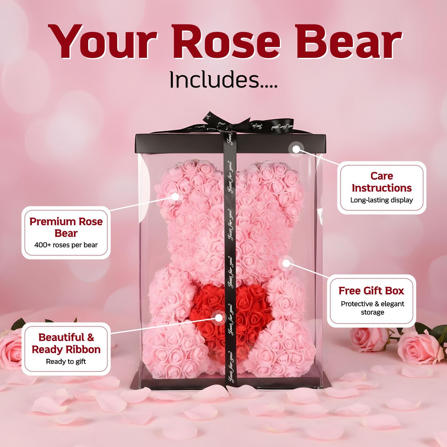 Pink Rose Bear With Red Heart 40cm