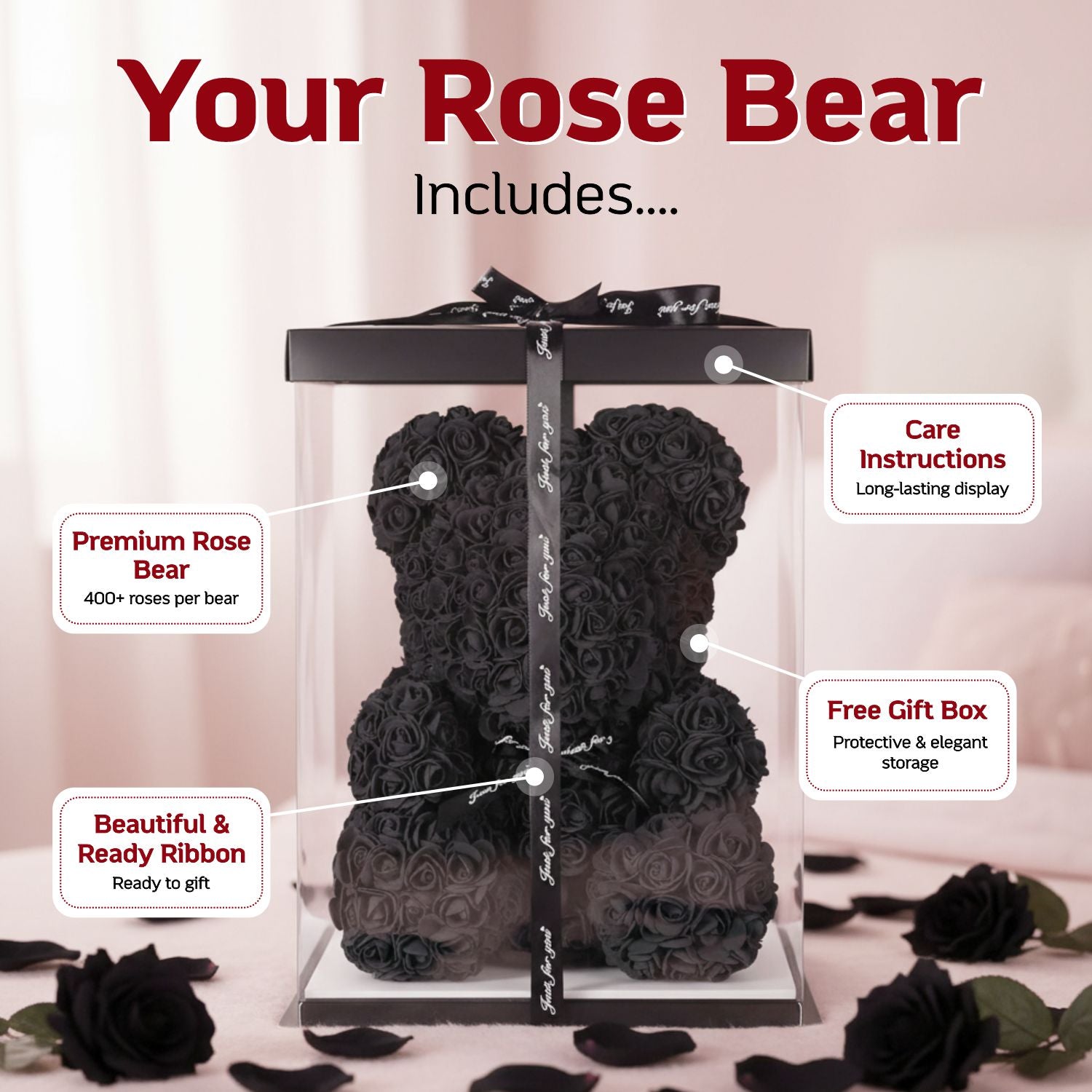 Onyx Black Rose Bear Large 40cm
