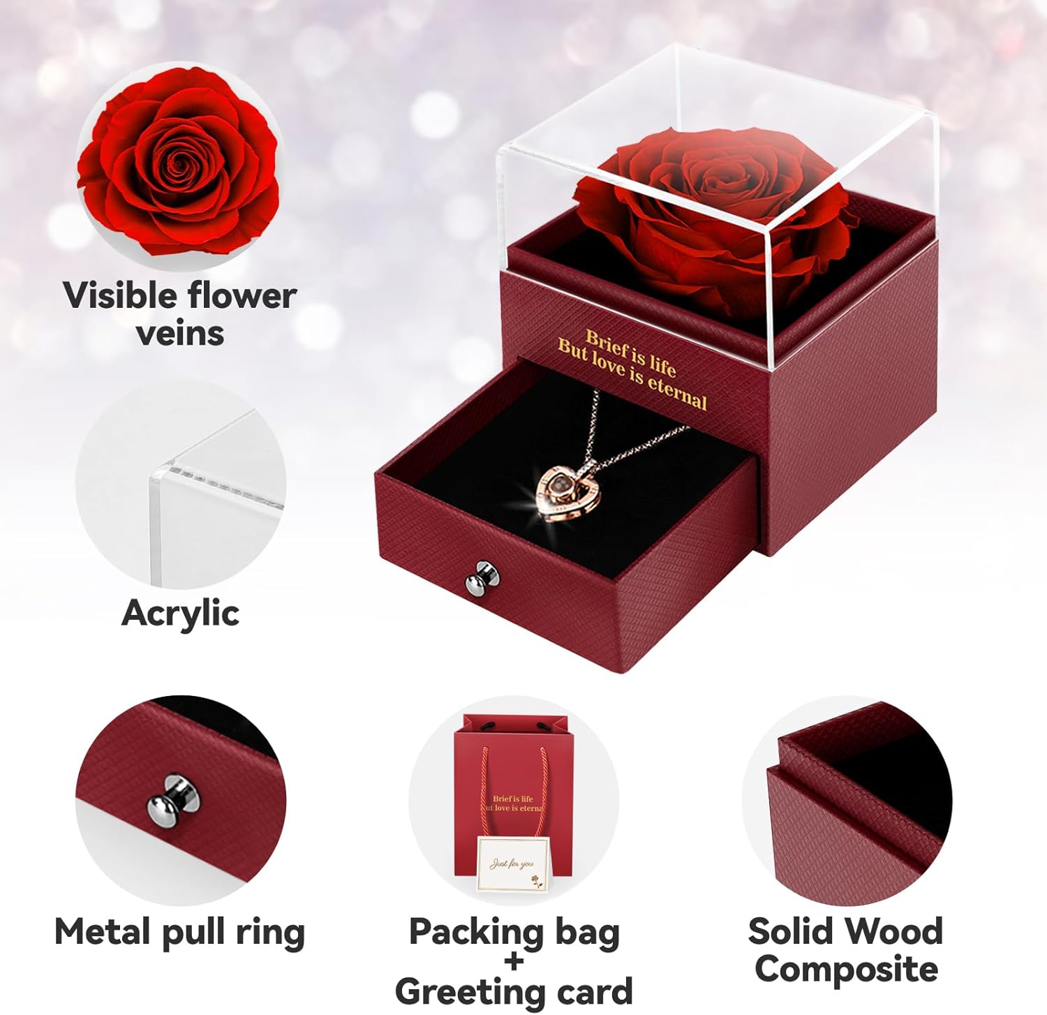 Preserved Real Rose & Cute Necklace - Eternal Rose Box