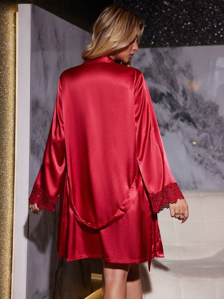 Satin & Lace V-Neck Pajama & Robe Set