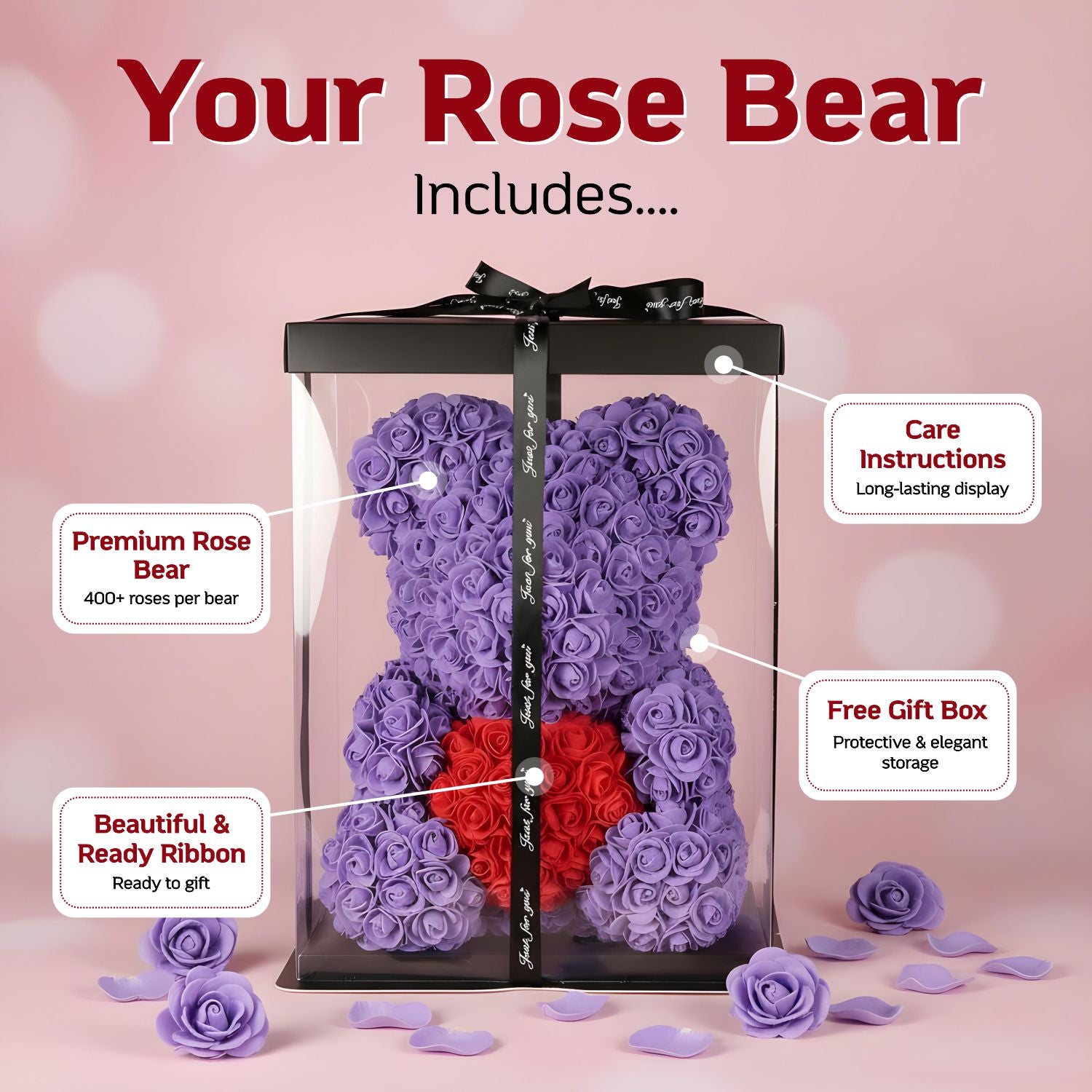 Purple Rose Bear With Red Heart 40cm