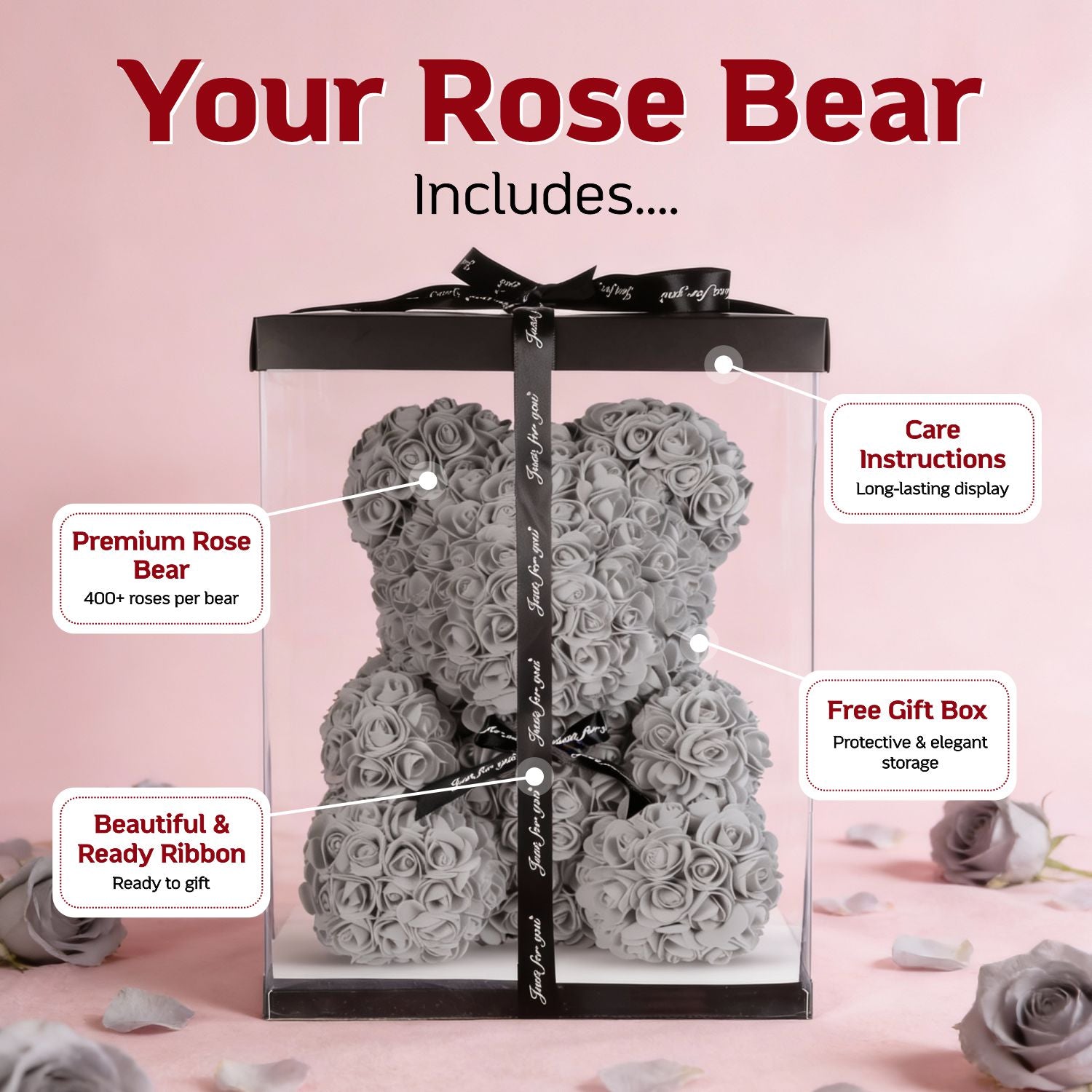 Heather Grey Rose Bear Large 40cm