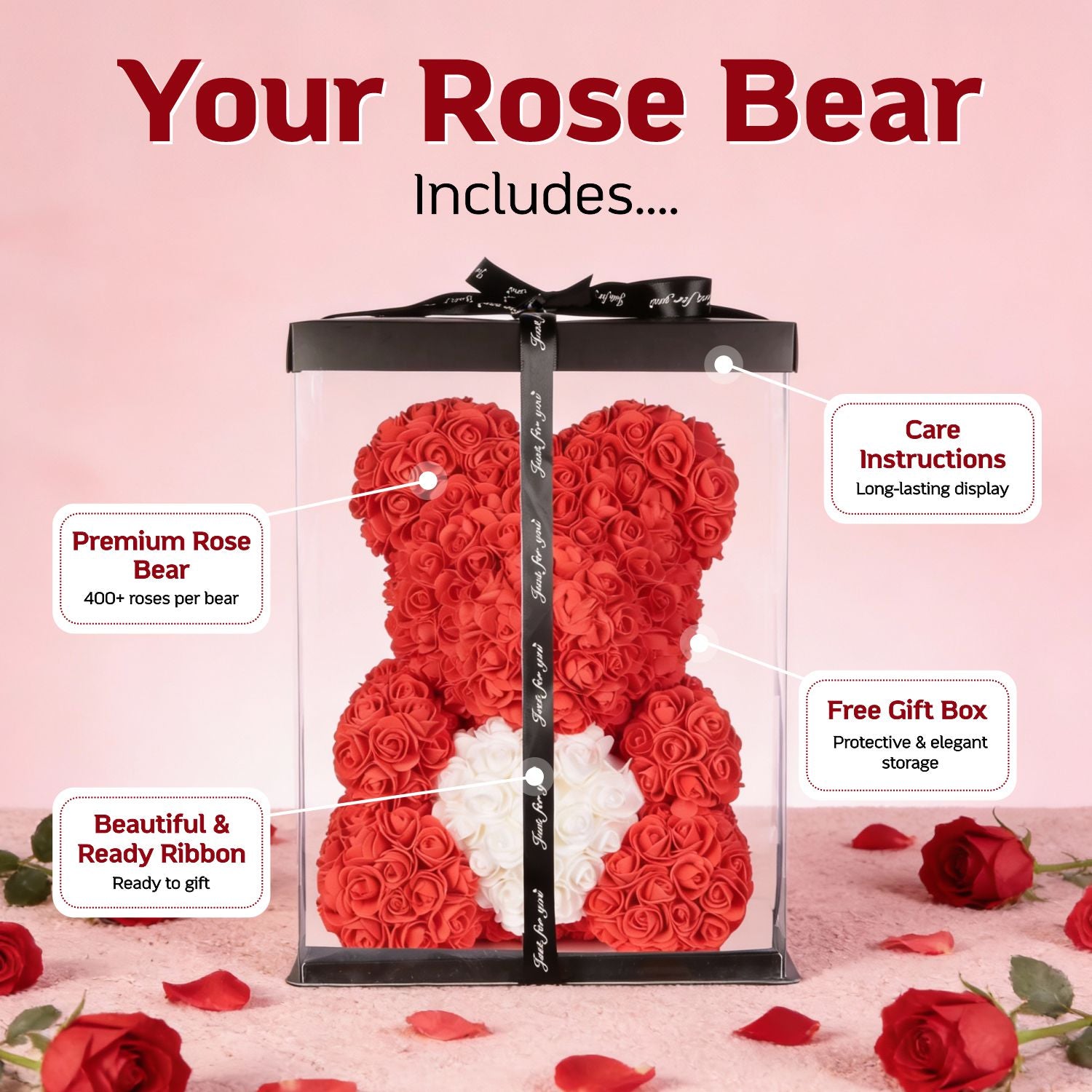 Rose Flower Teddy Bear | Free Gift Box