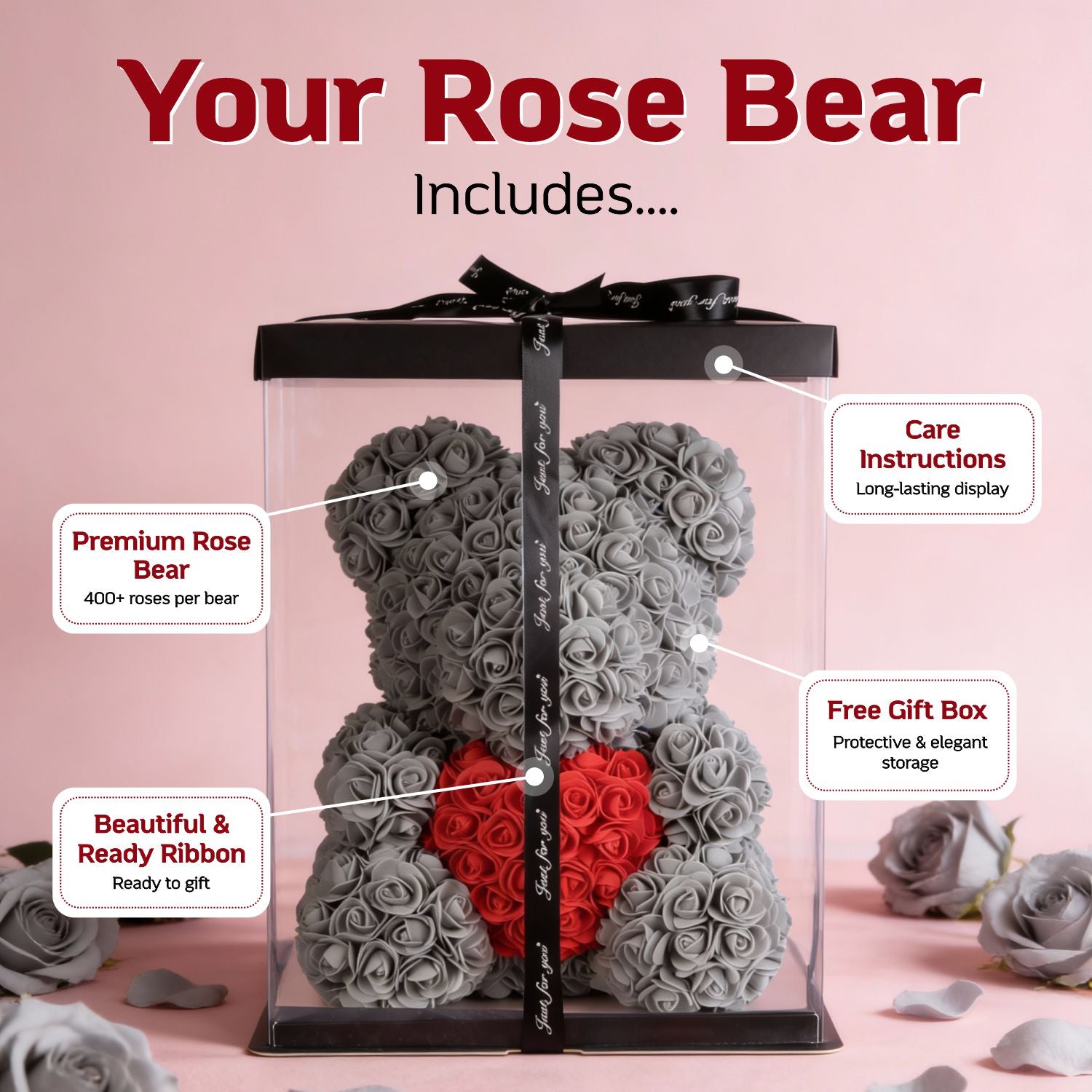 Grey Rose Bear With Red Heart 40cm